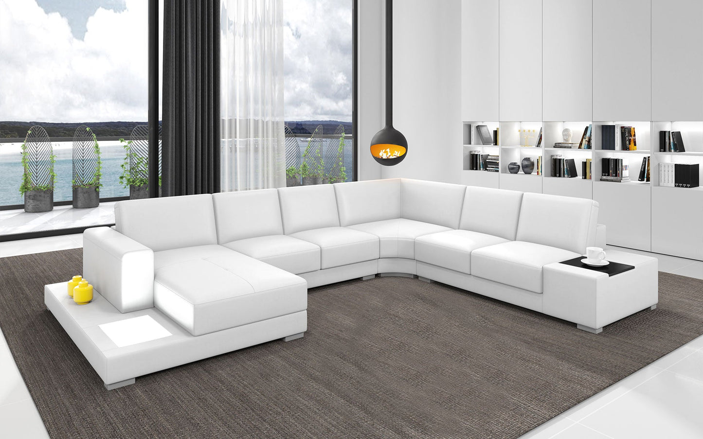 Snoe White Leather Sectional with LED Light