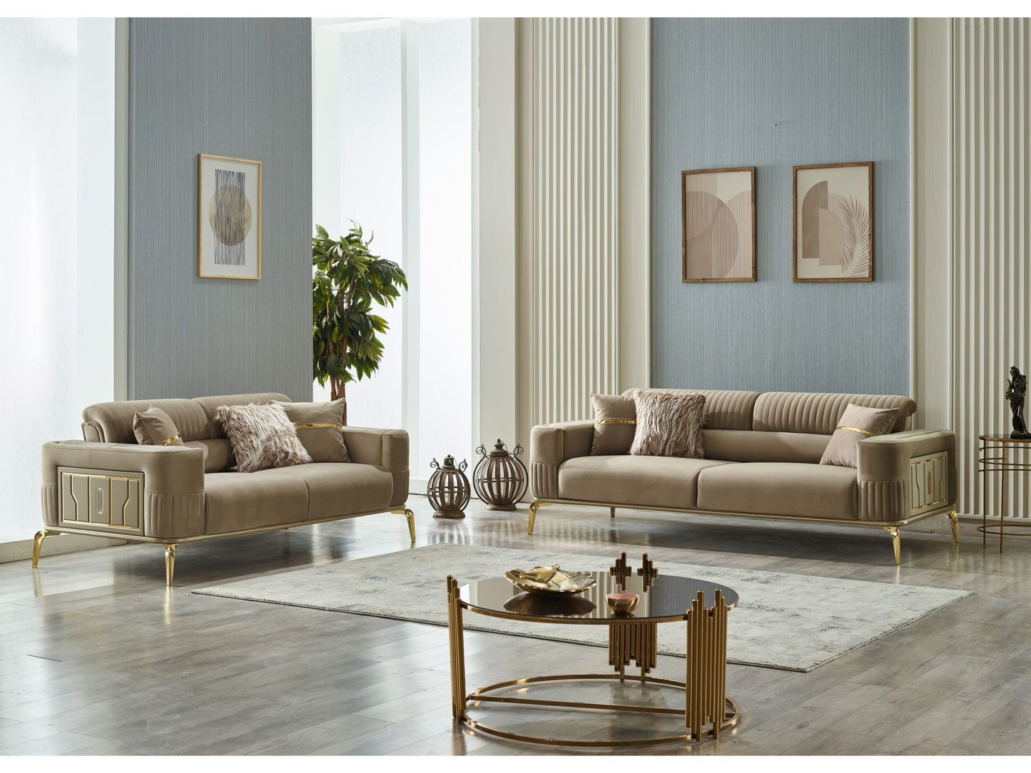 Convertible Livingroom (2 Sofa & 2 Chair) Beige With Gold Legs