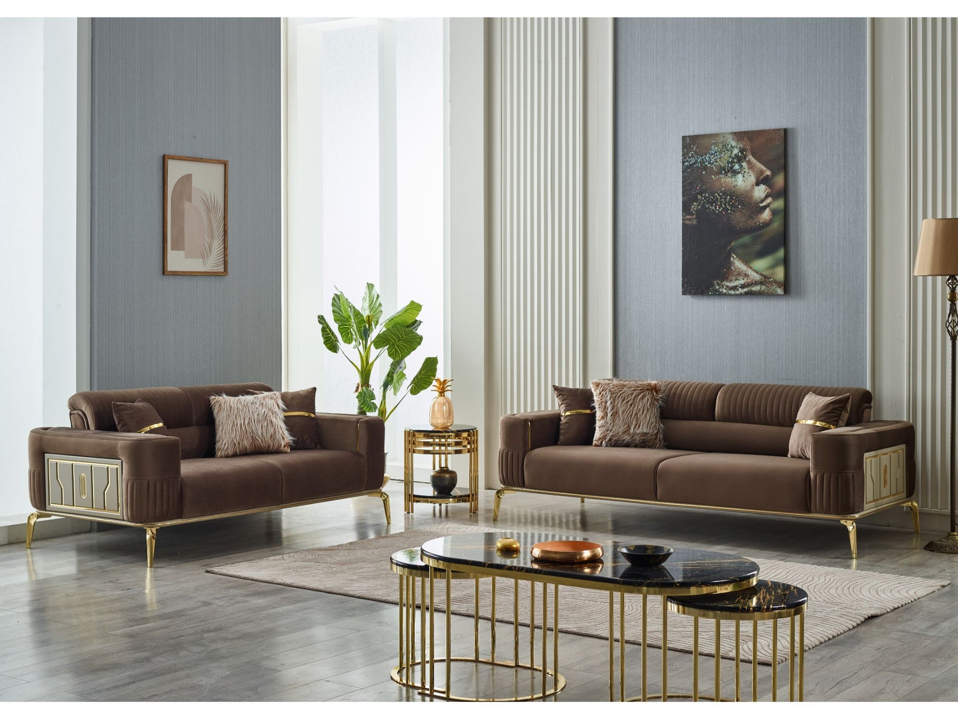 Convertible Livingroom (2 Sofa & 2 Chair) Brown With Gold Legs