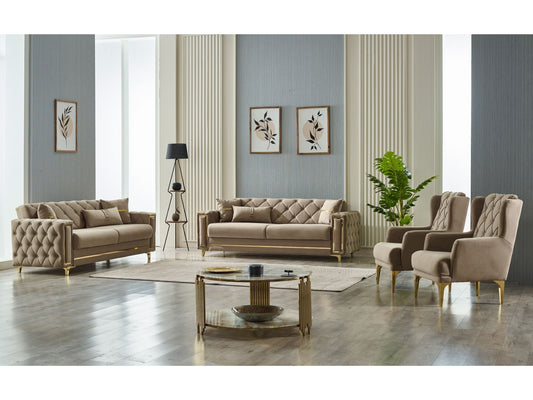 Convertible Livingroom (2 Sofa & 2 Chair) Beige  With Gold Leg