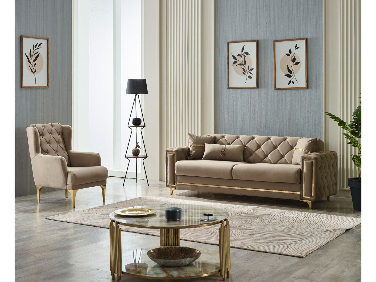 Convertible Livingroom (2 Sofa & 2 Chair) Beige With Gold Leg