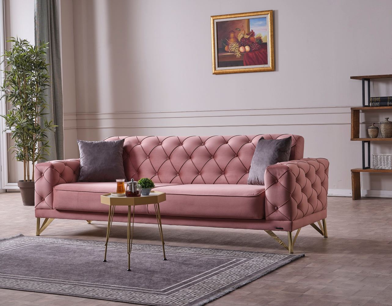 Convertible Livingroom (1 Pink Sofa & 1 Grey Sofa & 2 Chair)