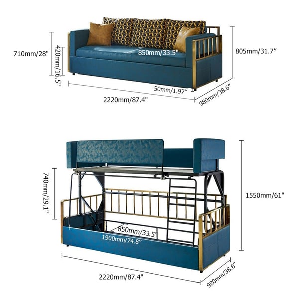 Wood Bunk Bed Sleeper Sofa, 3-Seater, Convertible, Pillows