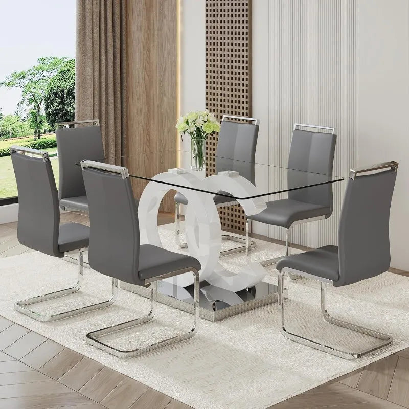 Glass Dining Table Set for 6: 7-Piece, Tempered Glass Top, Modern with 6 PU Leather Chairs