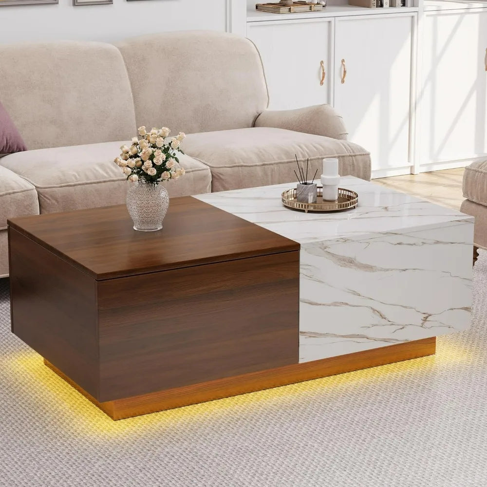 Lift Top Coffee Table: LED Wooden, Storage, Hidden Drawer