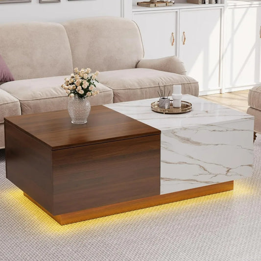 Lift Top Coffee Table: LED Wooden, Storage, Hidden Drawer