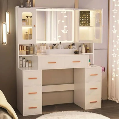 Vanity Desk with Mirror & Lights, 8 Drawers, LED Storage Cabinet & Power Outlet