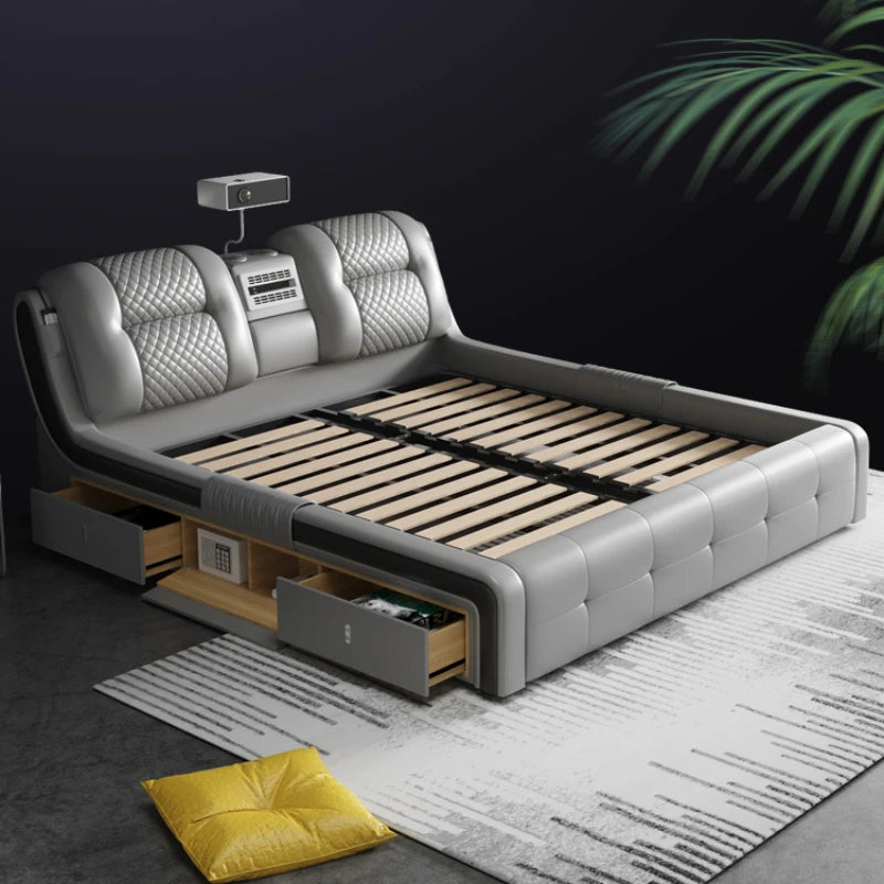 King Size Tatami Bed: Smart Leather, Massage & Projector