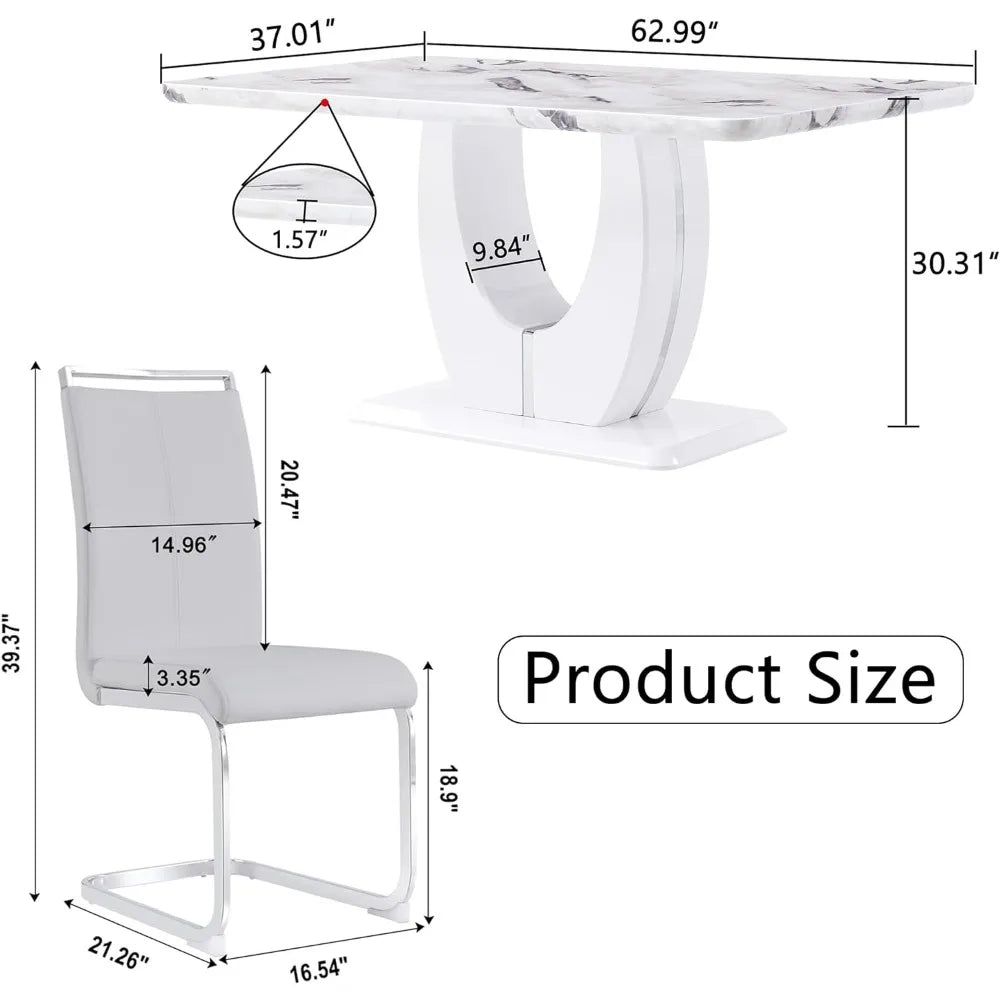 Modern Dining Table Set for 6: Faux Marble Top, 6 PU Leather Chairs, Ideal for Dining Room or Kitchen