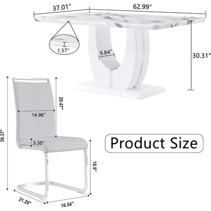 Modern Dining Table Set for 6: Faux Marble Top, 6 PU Leather Chairs, Ideal for Dining Room or Kitchen