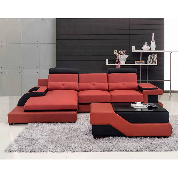 Italian Red & Black Genuine Leather L-Shape Sectional Sofa Set