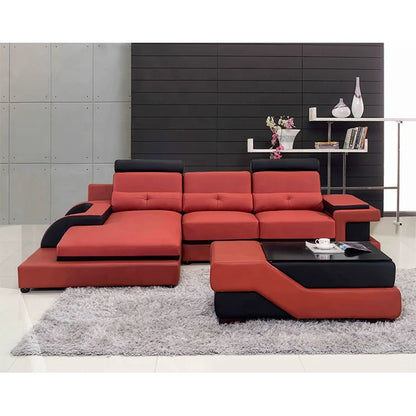 Italian Red & Black Genuine Leather L-Shape Sectional Sofa Set