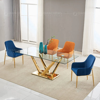 Modern Gold Glass Dining Table Set: 8-Seater Luxury with Chairs