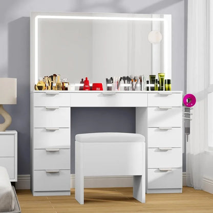 Vanity Desk Set with LED Lighted Mirror, Power Outlet, 11 Drawers, Magnifying Glass & Storage Bench