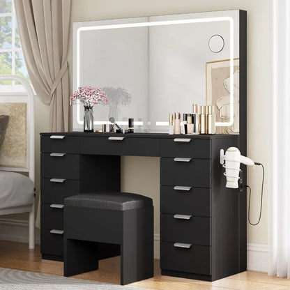 Makeup Vanity Set with Large LED Mirror, Power Outlet & 11 Drawers