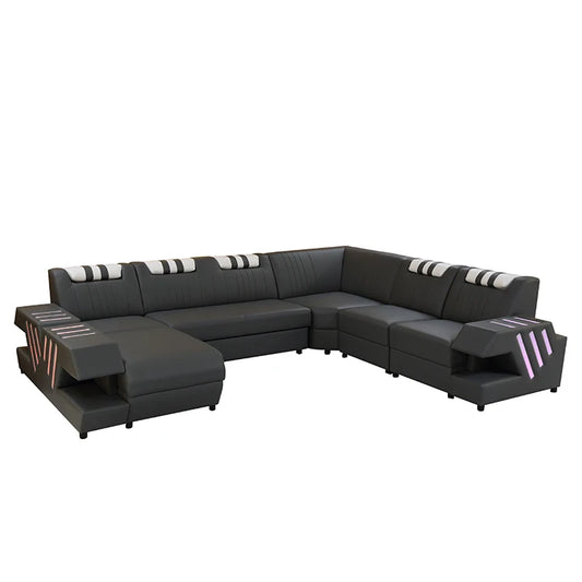 Modern Italian Luxury Black L-Shape Genuine Leather Sofa Set