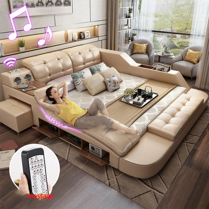 Luxury King Size Smart Bed with Genuine Leather & Massage