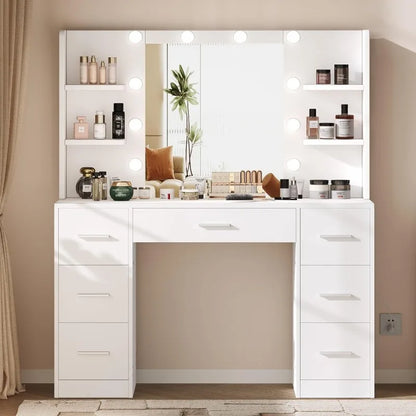 Vanity Desk with 10 LED Lights, 7 Sliding Drawers & 6 Open Shelves