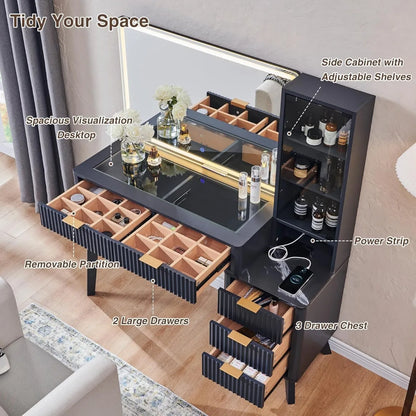 48" Fluted Makeup Vanity Desk with Large Mirror, Lights & Drawers