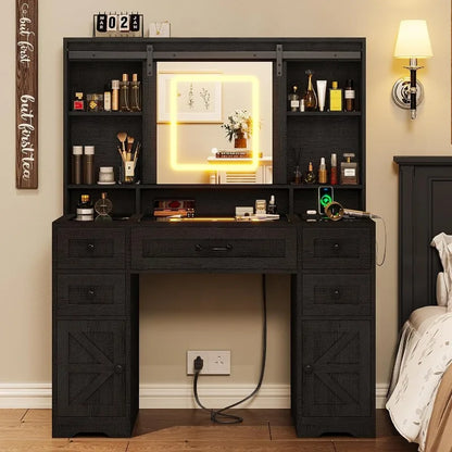 Farmhouse Vanity Desk with Sliding Mirror, Lights, Glass Top & Charging Station