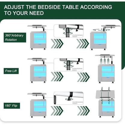 LED Nightstand: White with Wireless Charging, Adjustable Rotary Table
