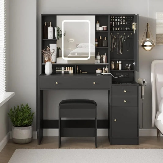 Vanity Desk with Mirror & Lights, Makeup Vanity with 3 Drawers, Cabinets, Charging Station & Sliding Features