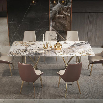 Rock Plate Dining Table Set: 6 Chairs, Gold, Luxury Modern Sintered Stone