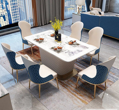 Elevate Your Dining Room: Marble Table Set with 6 Leather Chairs and Stainless Steel Design