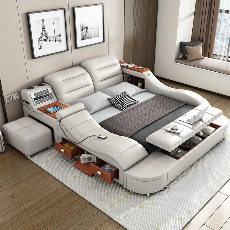 King Size Smart Bed - White Wood, Storage, Modern Nordic Design