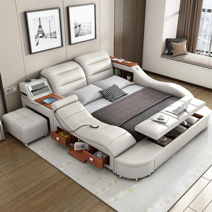 King Size Smart Bed - White Wood, Storage, Modern Nordic Design