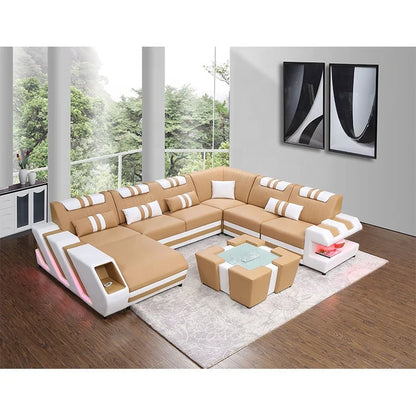 Luxury Genuine Leather Reclining Sleeper Sofa with Wooden Frame & Embroidery