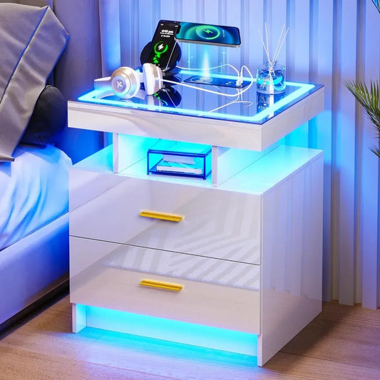 LED Nightstands with 2 Drawers, Auto Sensor Lights & Charging