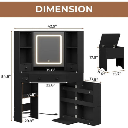 Corner Vanity Desk with Mirror, Lights, Rotating Shelves & Charging Station