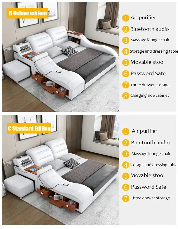 King Size Smart Bed - White Wood, Storage, Modern Nordic Design