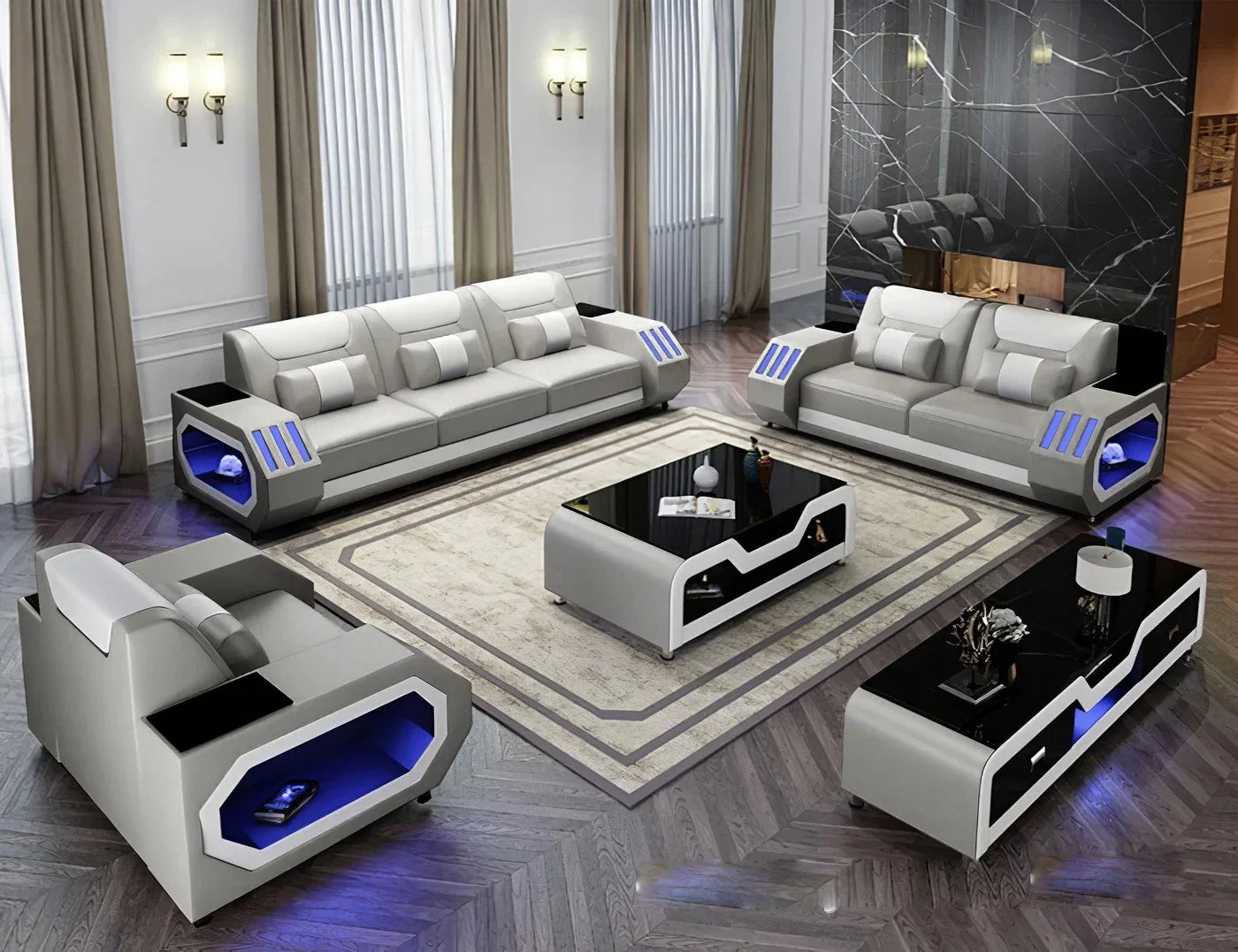 Full Set Genuine Leather Sectional Sofa - Elegant Living Room