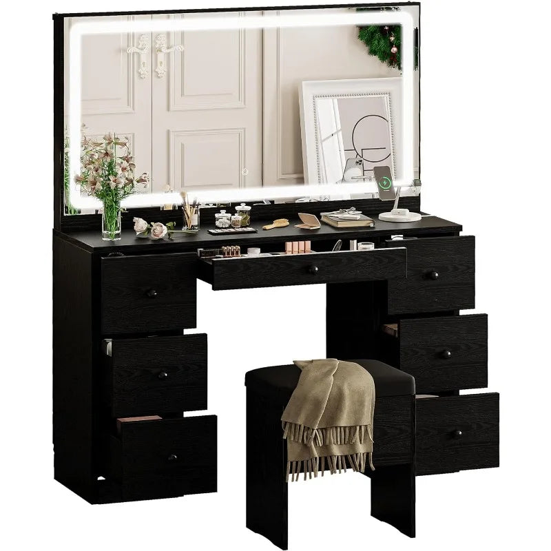 Vanity Desk Set with LED Lighted Mirror, Power Outlet, 7 Drawers & Stool