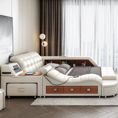 Luxury Smart Bed: Genuine Leather, Massage, Bluetooth, Air Cleaner