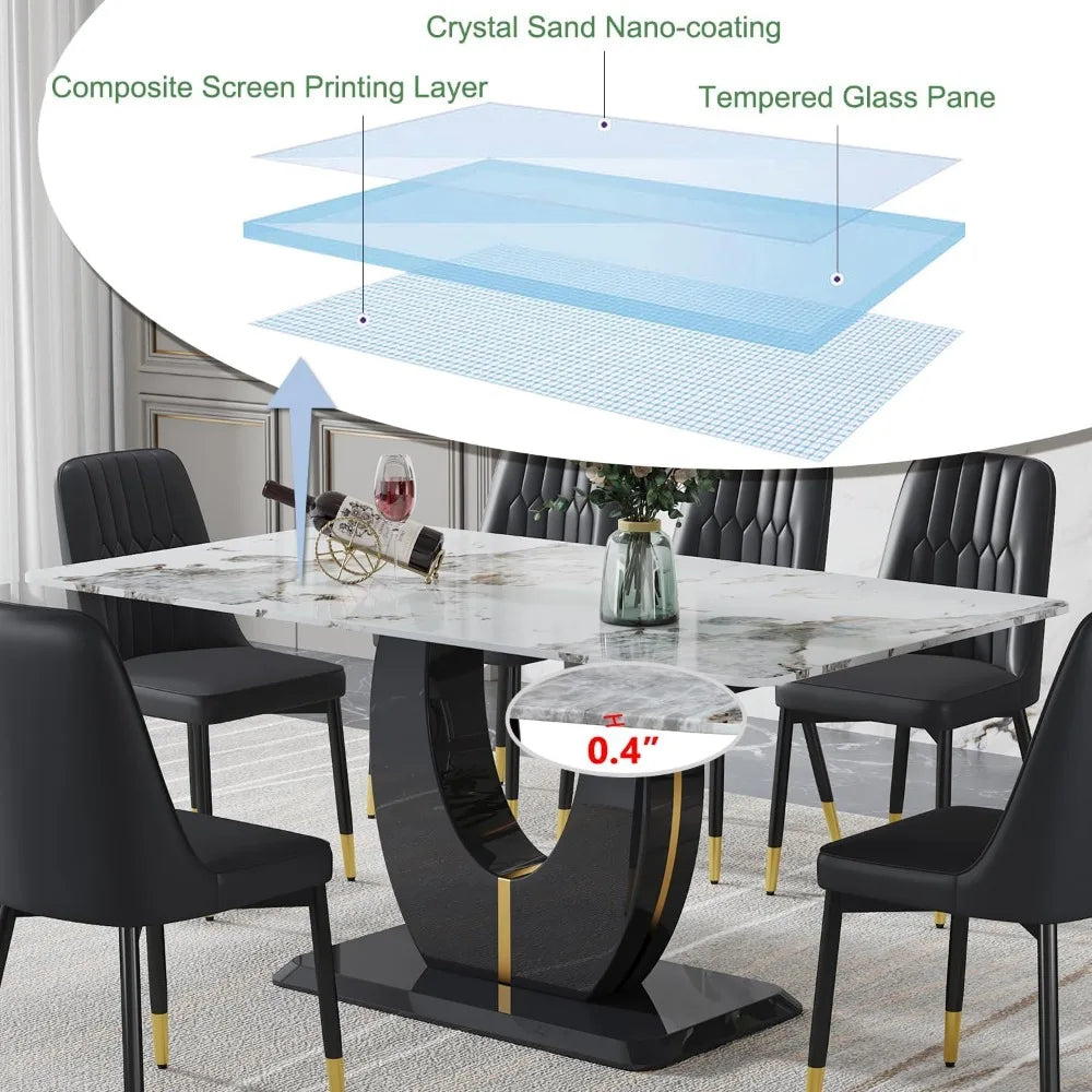 White Marble Dining Table Set for 6: Glass Top, Black PU Leather Upholstered Chairs