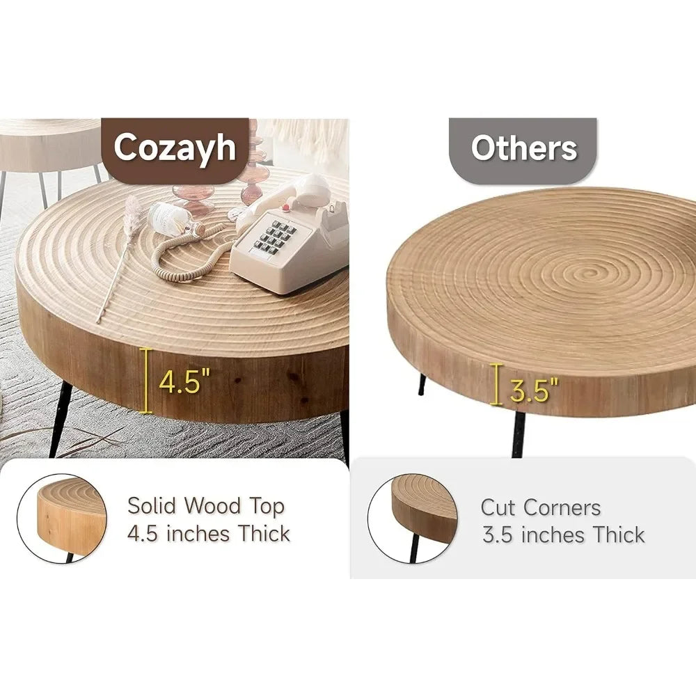 Modern Farmhouse Coffee Table Set: Nesting, Round, Natural Finish, Handcrafted Wood Ring Motif