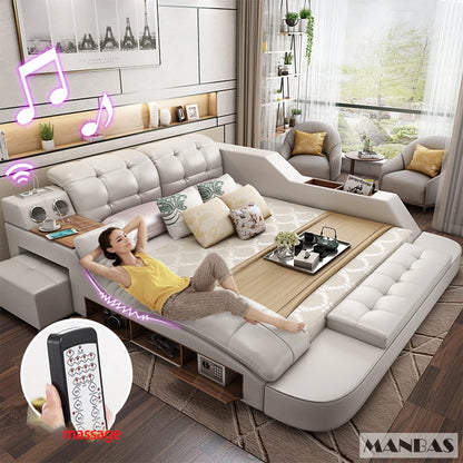 Luxury King Size Smart Bed with Genuine Leather & Massage