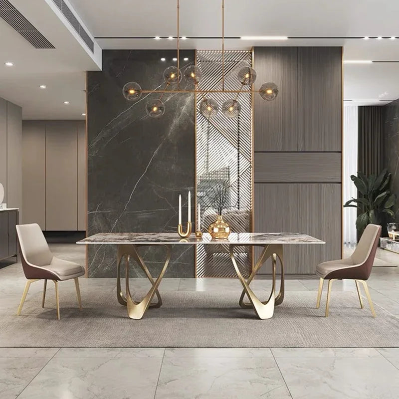 Rock Plate Dining Table Set: 6 Chairs, Gold, Luxury Modern Sintered Stone