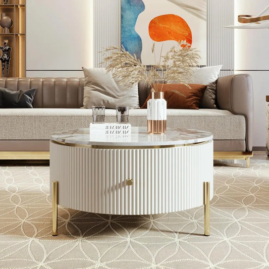 Modern Round Coffee Table with 2 Large Drawers Storage Accent Table(31.5'')