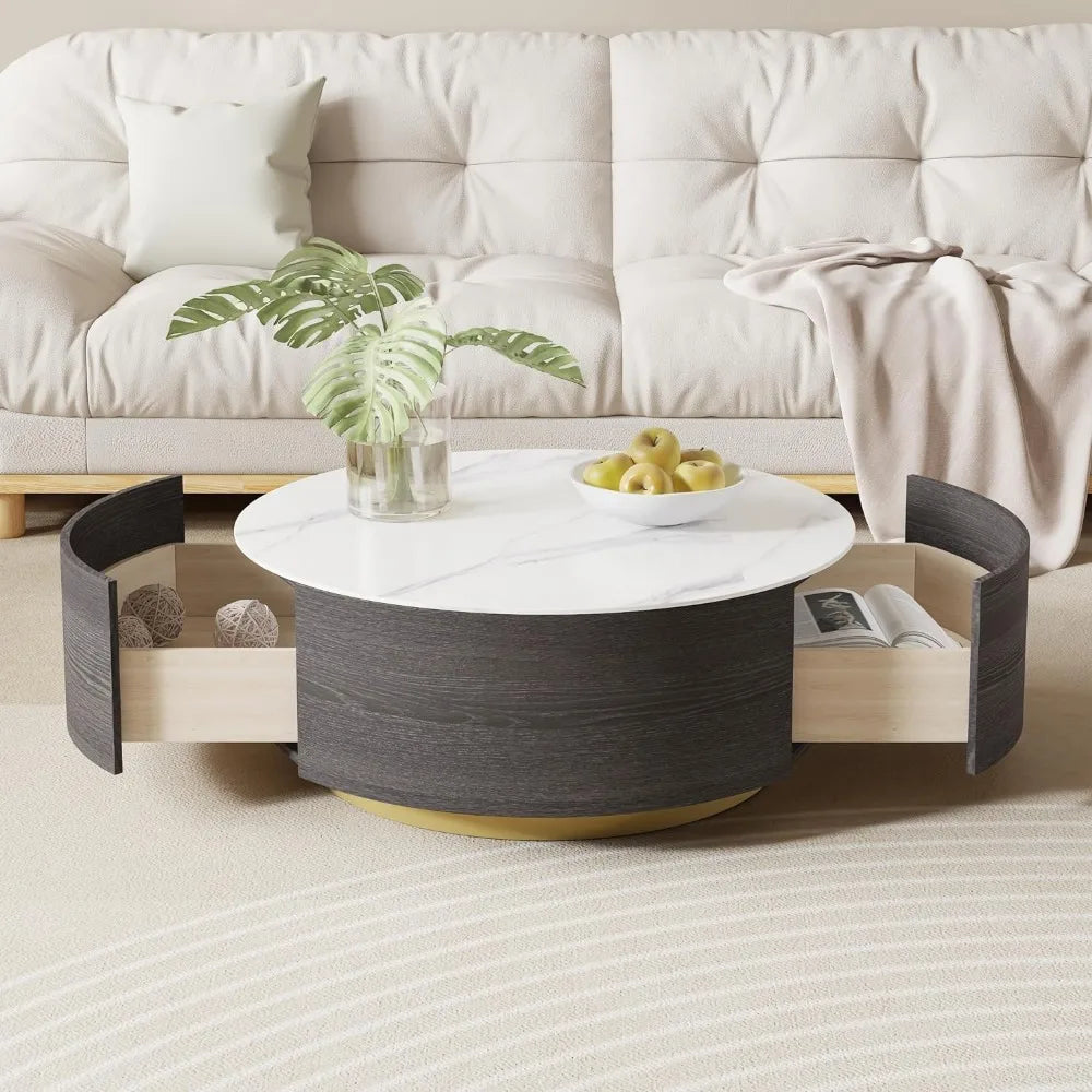 Black Marble Coffee Table: Round, with Drawers, Fully Assembled