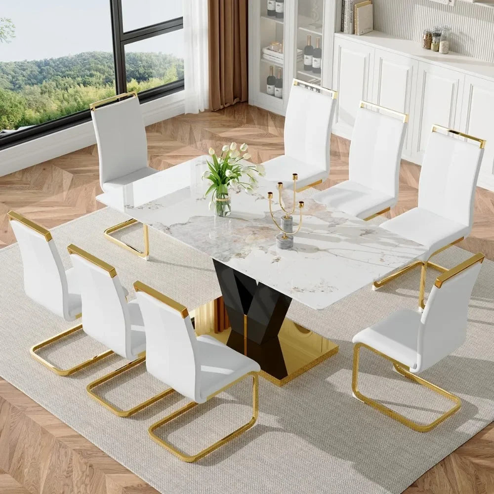 Marble Dining Table Set: 71-Inch Glass Table, 8 White PU Leather Chairs