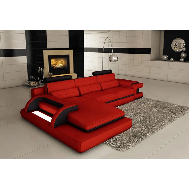 Italian Red & Black Genuine Leather L-Shape Sectional Sofa Set