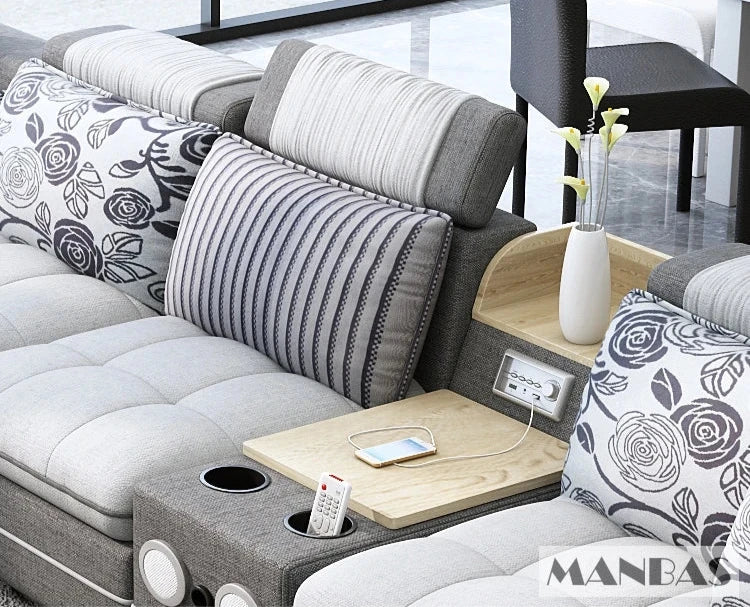 MANBAS Modern U-Shaped Sofa - Bluetooth Speaker & Stools