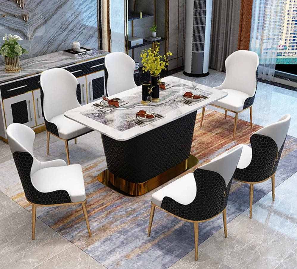 Elevate Your Dining Room: Marble Table Set with 6 Leather Chairs and Stainless Steel Design