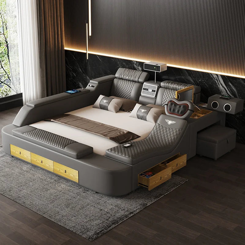 King Size Support Double Bed: Wood Nordic Luxury & Storage