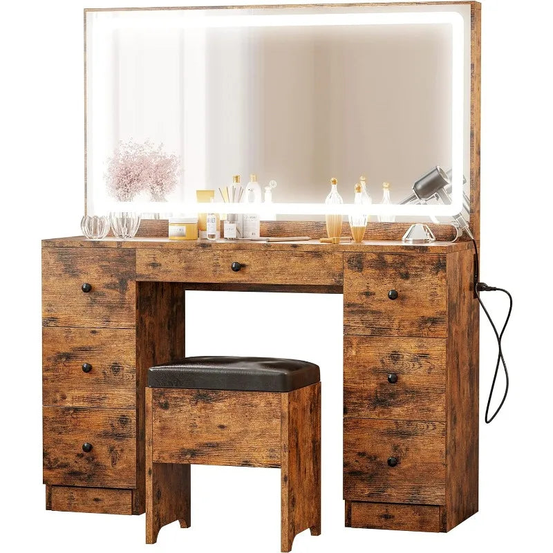 Vanity Desk Set with LED Lighted Mirror, Power Outlet, 7 Drawers & Stool