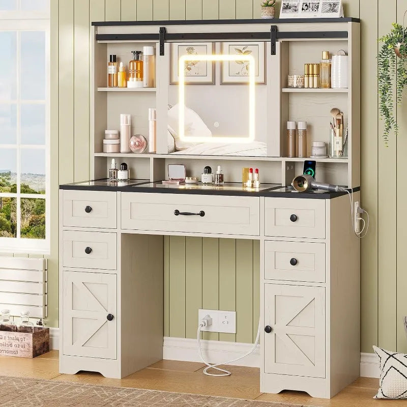 Farmhouse Vanity Desk with Sliding Mirror, Lights, Glass Top & Charging Station